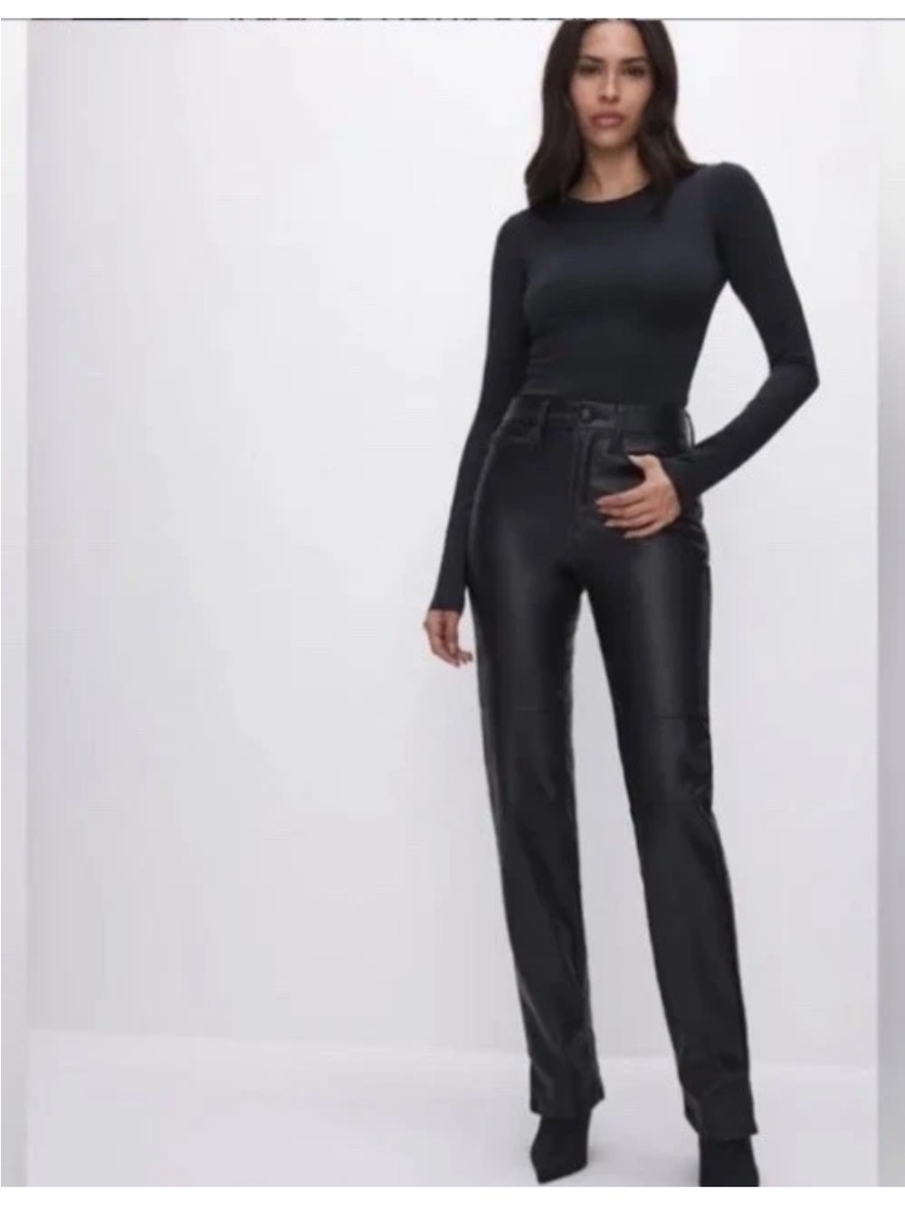 NWT Good American Faux Leather Straight Leg Pants Black 10 30 High Rise